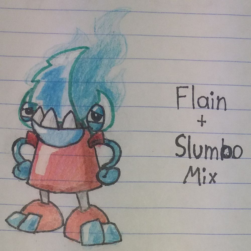 A drawing of a mix(cohesive fusion) of Flain and Slumbo from Mixels. This mix's torso and legs are Flain's, but the "toes" are Slumbo's. His arms are Slumbo's, but end in blue versions of Flain's claws. This mix lacks a proper head, like Slumbo, with the face being in the torso. His jaw is a shrunken down version of Slumbo's torso, with his teeth poking out of it. This mix has Slumbo's eyes and has his claws in place of Flain's horns. The flame coming out of it is now blue.