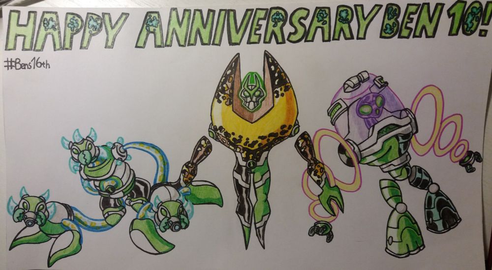 A drawing of Lodestar, Disk Jockey, and Hydro Hydra made to commemorate Ben 10's 16th anniversary. Each alien had received some improvements to their design or the way they're drawn. 

Lodestar had been redesigned by me, giving him new harlequin-like half and half pants and gloves with white stripes. His usual stripes have been replaced with larger strips and spots across his body. His arms are now detached from his torso and are floating next to it.

Disk Jockey has simply been redrawn with my improved skills over a year. He looks more on model with his original design here.

Hydro Hydra has received a massive overhaul. His body has a lot more round shapes on it, as opposed to the previous design. The arm-heads now have separate body and stubby limbs of their own. A lot more of his real body can be seen, like with his neck and arms. He also has three legs now instead of two.
