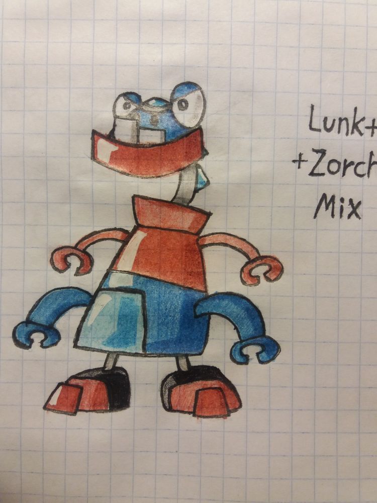 A drawing of a mix(cohesive fusion) of Lunk and Zorch from Mixels. This mix's body is comprised of Zorch's body stacked on top of Lunk's. The respective mixel's arms are attached to their half of the torso. This mix's feet have Lunk's black base with Zorch's red parts and singular toe. The neck of this mix is Lunk's, but it's half as long. The head and eyes belong to Lunk, while the jaw is Zorch's, but with Lunk's teeth sticking up from it.
