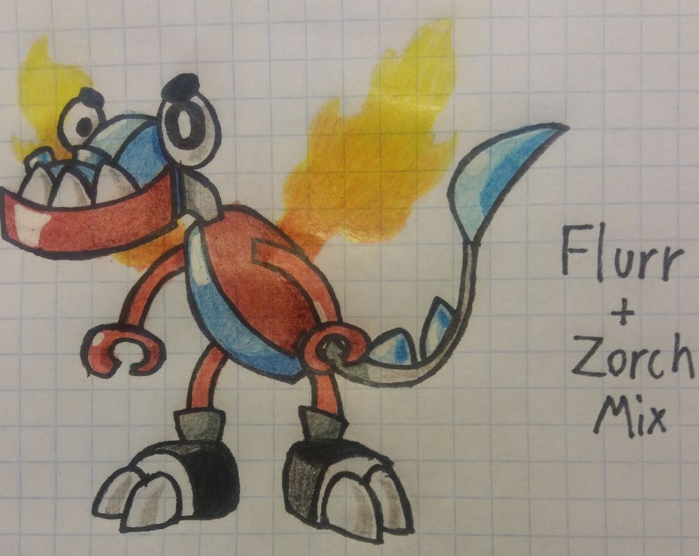 A drawing of a mix(cohesive fusion) of Flurr and Zorch from Mixels. The mix resembles Flurr, but in a more upright pose. His torso is Flurr's, but the top segment of it is red like Zorch's torso. He has Zorch's legs with Flurr's feet. The tail is also Flurr's. He also has Zorch's arms. Flurr's wings have been replaced with wings made of fire. This mix's head is Flurr's, but with Zorch's mouth and teeth, as well as his eyes.