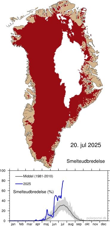 Screenshot from polarportal.dk, a website that makes research on the Arctic research conducted by Danish institutions available to the public and researchers. The image shows Greenland in tan and the Greenland Ice Sheet in red and white. The red part indicates melting and covers all except about 20% in the northeast, which is roughly the area higher than 2500 m above Se level.

Below the map is a chart that compares 2025 melting to the 1981-2010 average. The average melting peaks in mid-July at about 35%. For the last few days, melting has occurred over roughly 80% of the area of Greenland, with a maximum melt area of 80.6% on 24 July 2025. This is the highest value in our dataset, which starts in 1981.