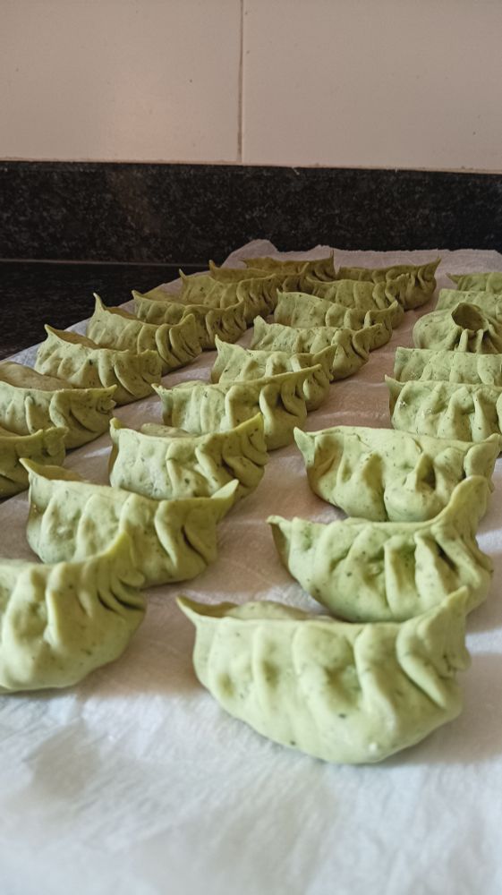 Lines of dumplings wrapped in green dough. 