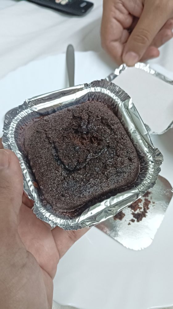 A human hand holding a chocolate cake baked in a silver aluminum foil container , against a white background. 
