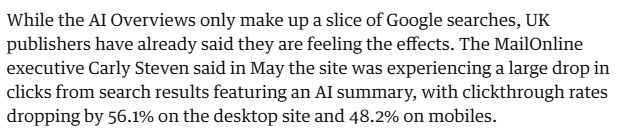 Text saying that AI summaries on Google searches reduced click throughs to the Fascist MailOnline website by 56.1%  so some good news