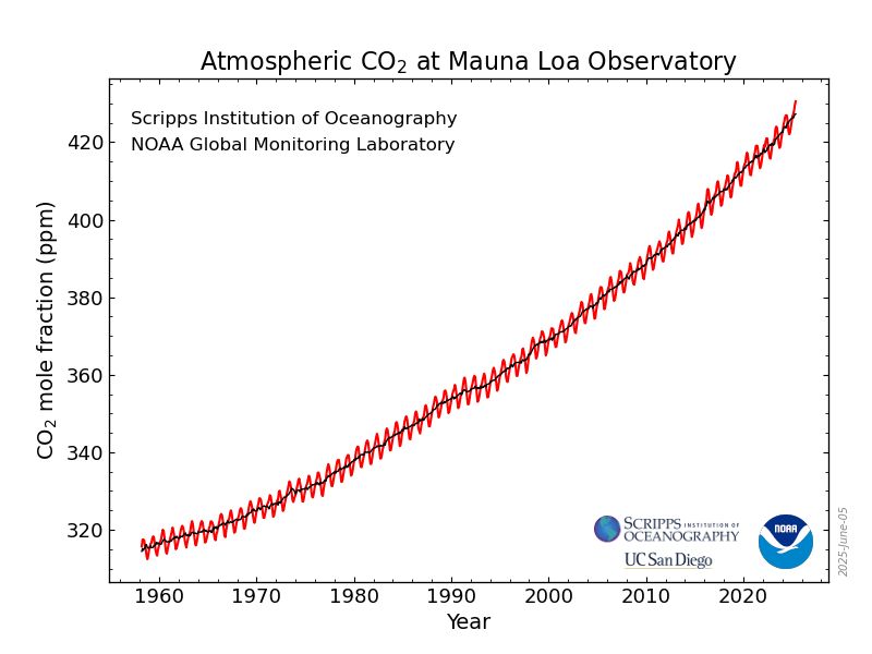 CO2 at Mauna Loa up until beginning of July, 2025, showing a relentless increase.