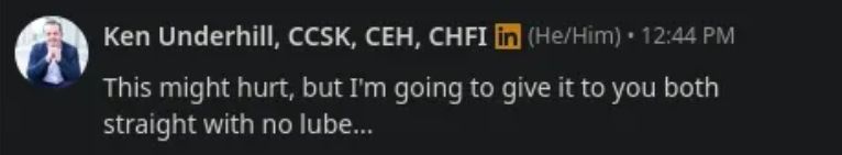 Screenshot from Kim's article showing a boss Ken Underhill texting her, “This might hurt, but I'm going to give it to you both straight with no lube …"