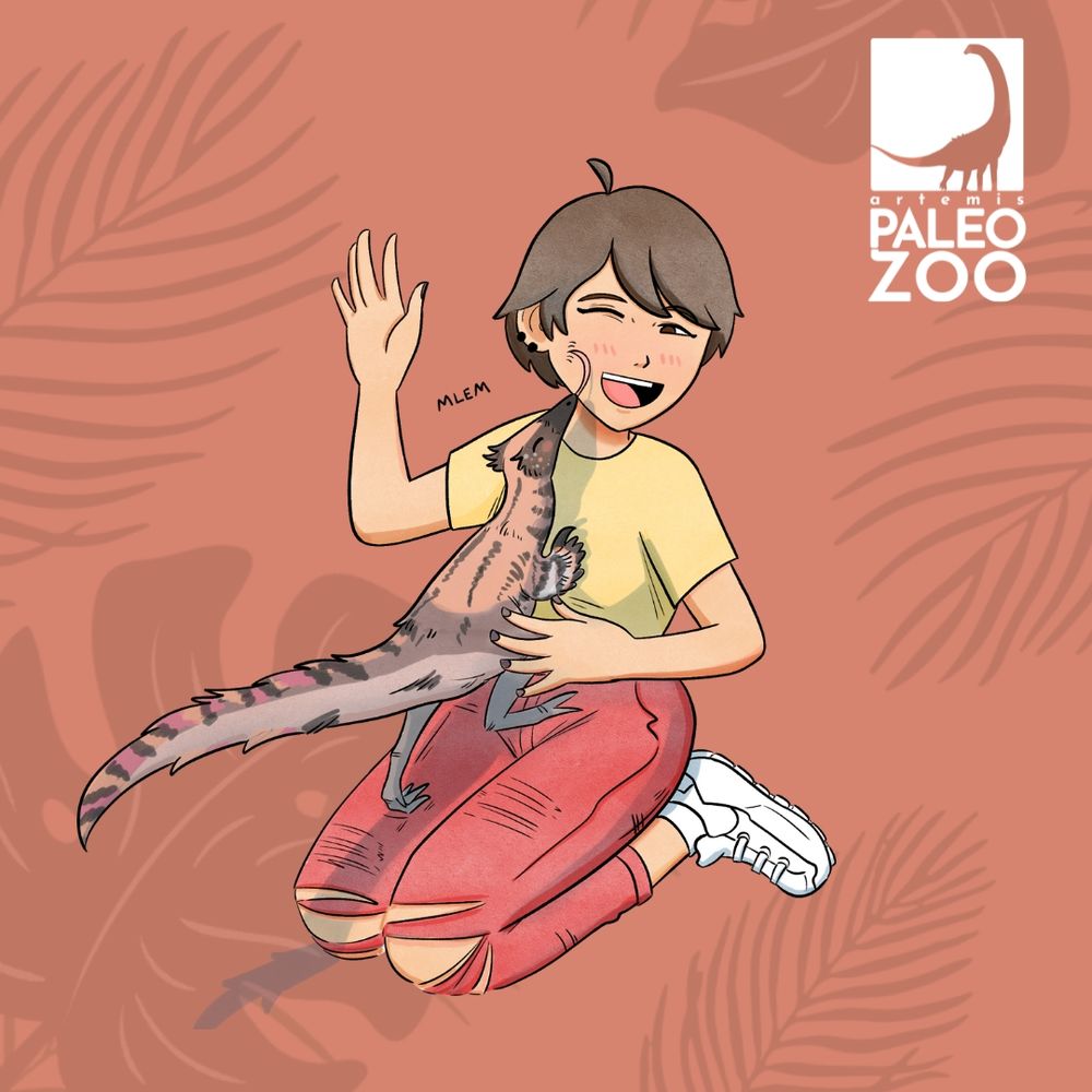 Alt Text:
An illustration of a young woman kneeling
with a Mononykus. A small, feathered dinosaur with a long tongue for eating insects.