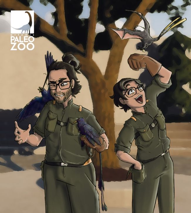 Two Paleozoo keepers prepare a group of small, feathered dinosaurs for an educational showcase for guests. One gracefully is landing on the glove of its trainer. Another, sitting patiently. The last is attempting to nibble the hair of its trainer. 