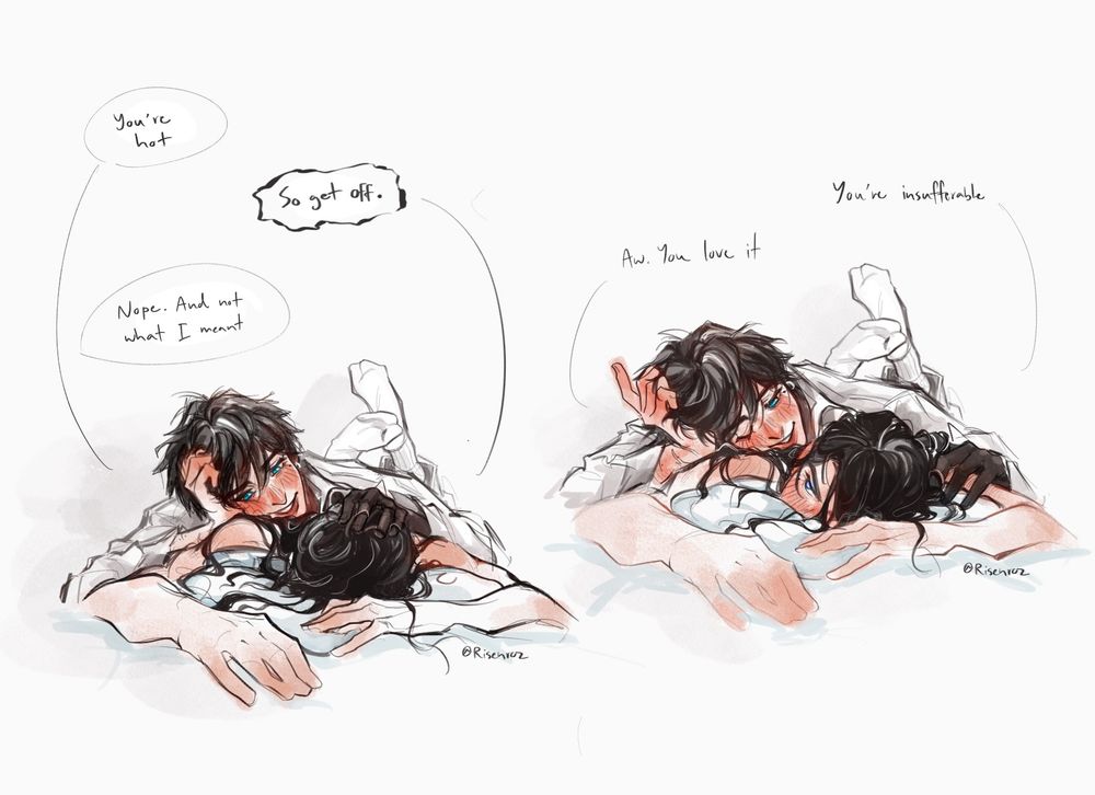 Vash the Stampede and Millions Knives from Trigun, both with black hair but Knives’ is long and curly. Knives is lying face-down on a pillow with Vash on top of his back to wake him up. Vash says “you’re hot.” Knives, irritated by the heat tells his brother to get off, for Vash to shoot back that he won’t, and that isn’t talking about temperature.
