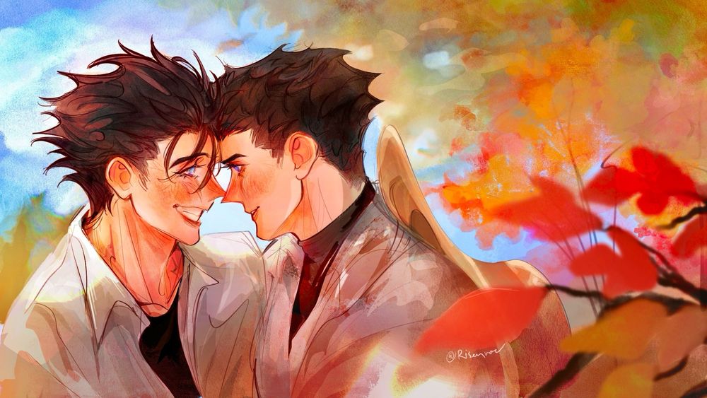 Black haired Vash and Knives from Trigun Maximum. They are gazing lovingly into the other’s eyes, Vash grinning wide. Tree canopies in the background frame the two in a burst of colorful oranges and reds. 