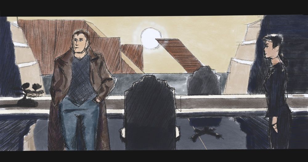 Sketch of a frame from blade runner where deckard meets rachael