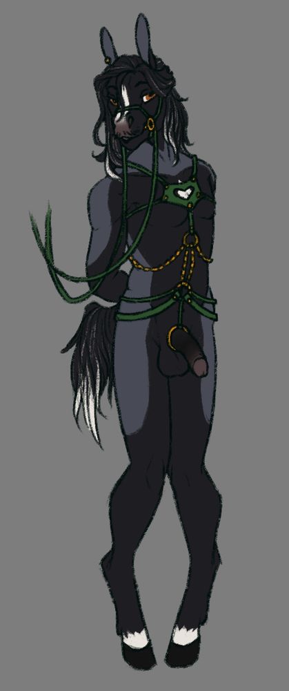 the same horse furry as before, now in a bridle and harness. the leather is green and the hardware is gold colored. he has his dick and balls exposed and is looking coyly at the viewer.