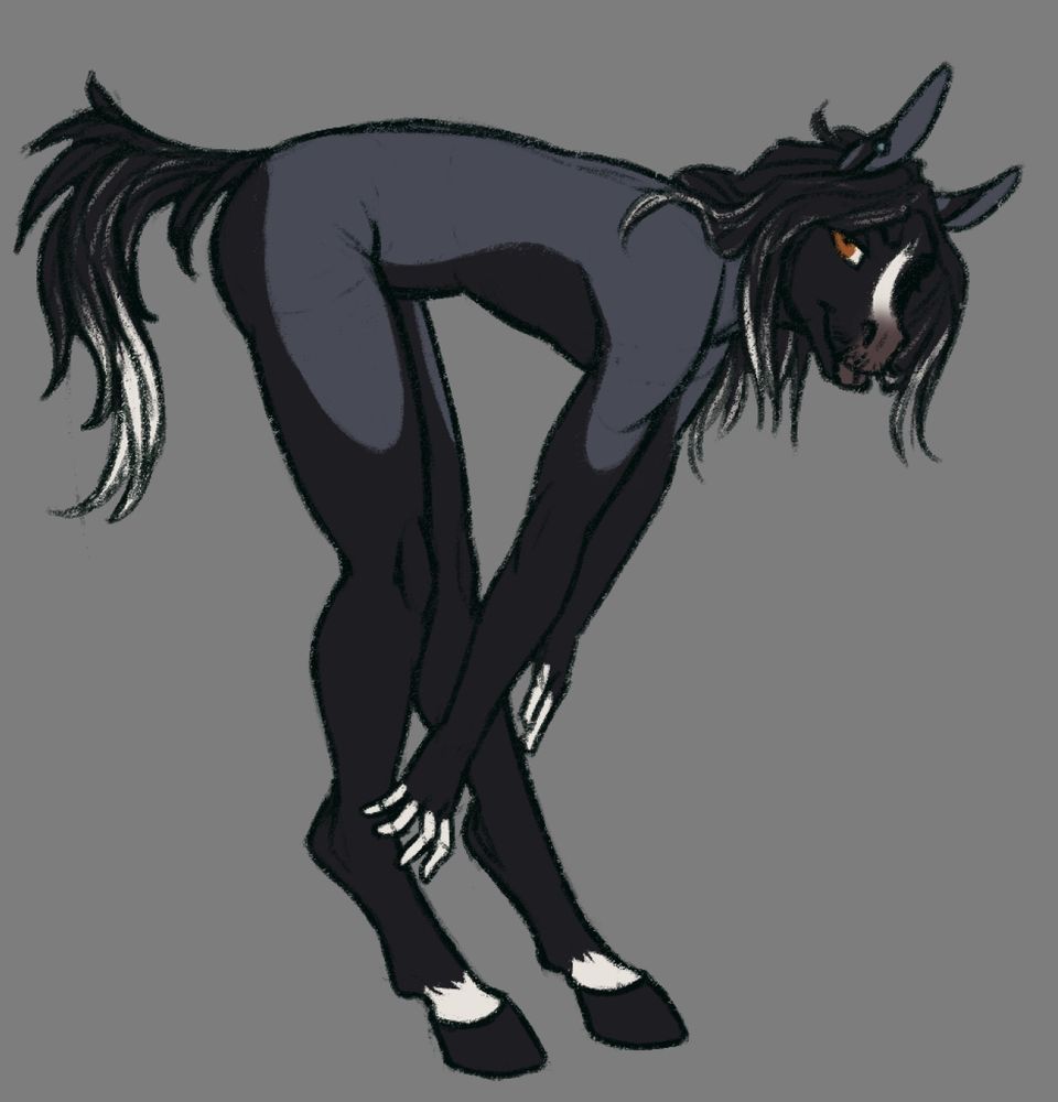 a drawing of a horse furry, grey in color with dark underneath. he has a white blaze and orange-brown eyes. there is white on the fingers, he has white socks, and white mixed into his mane and tail. he is bent over with his tongue sticking out playfully. he has a little mustache. 