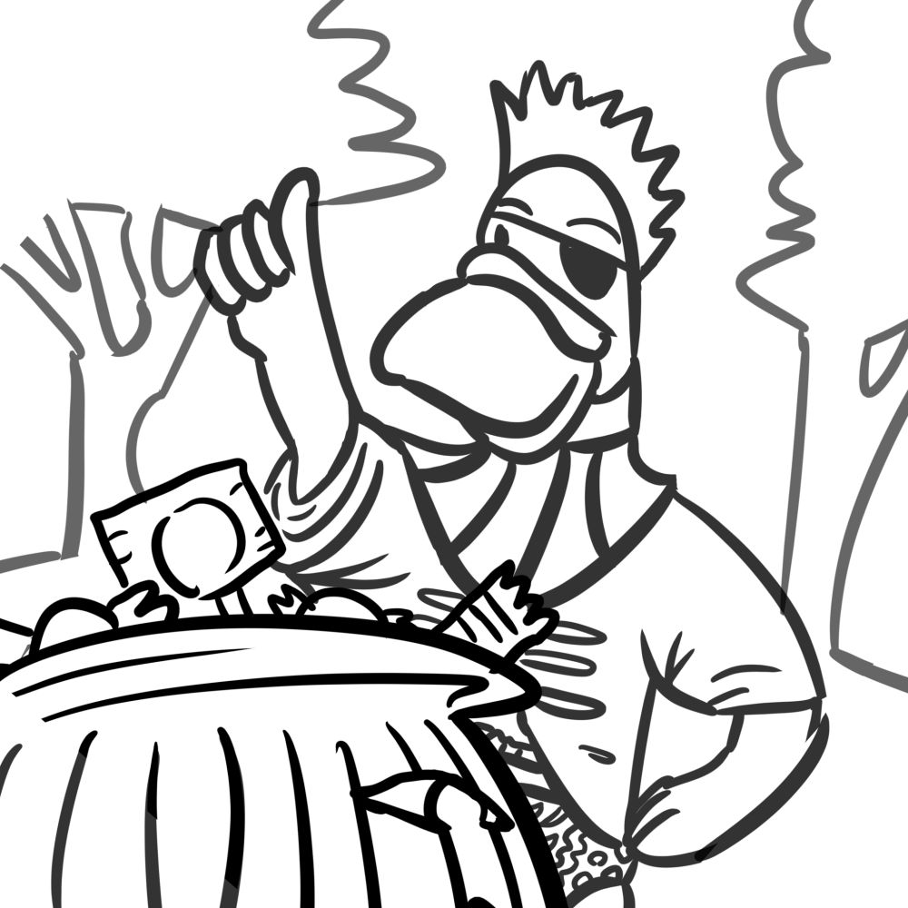 A duck furry dressed as a pirate triumphantly stands over a jack-o-lantern full of candy in the woods