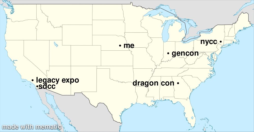 a simple unlabeled map of the contiguous United States, with markers for legacy expo, sdcc, nycc, dragon con, and gencon. there is also a marker in nebraska labeled "me".