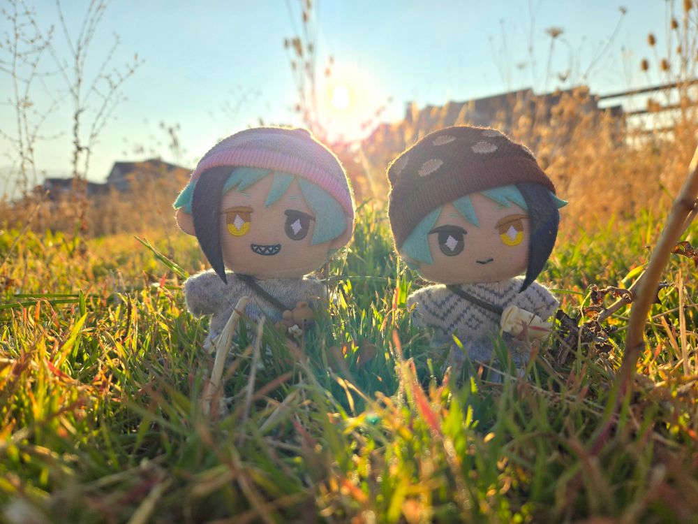 A Jade Leech nui and a Floyd Leech nui standing in the grass at sunset with reeds behind them. They're both wearing sweaters and beanies.