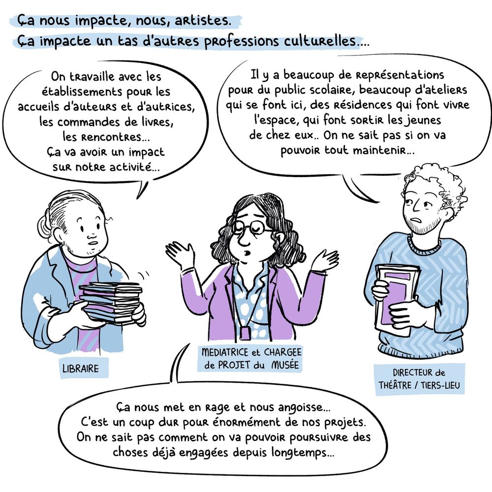 Texte : Ça nous impacte, nous, artistes.
Ça impacte un tas d'autres professions culturelles...

Dessin : 3 personnages les uns à côté des autres:
Le libraire : "On travaille avec es établissements pour les accueils d'auteurs et d'autrices, les commandes de livres, es rencontres….
Ça va avoiR un impact sur notre activité..."
La médiatrice et chargée de projet du Musée : "Ça nous met en rage et nous angoisse...
C'est un coup dur pour énormément de nos projets.
On ne sait pas comment on va pouvoir poursuivre des choses déjà engagées depuis longtemps..."

Le directeur de théâtre et thiers-lieu : " Il y a beaucoup de représentations pour du public scolaire, beaucoup d'ateliers qui se font ici, des résidences qui font vivre l'espace, qui font sortir les jeunes de chez eux... On ne sait pas si on va pouvoir tout maintenir."