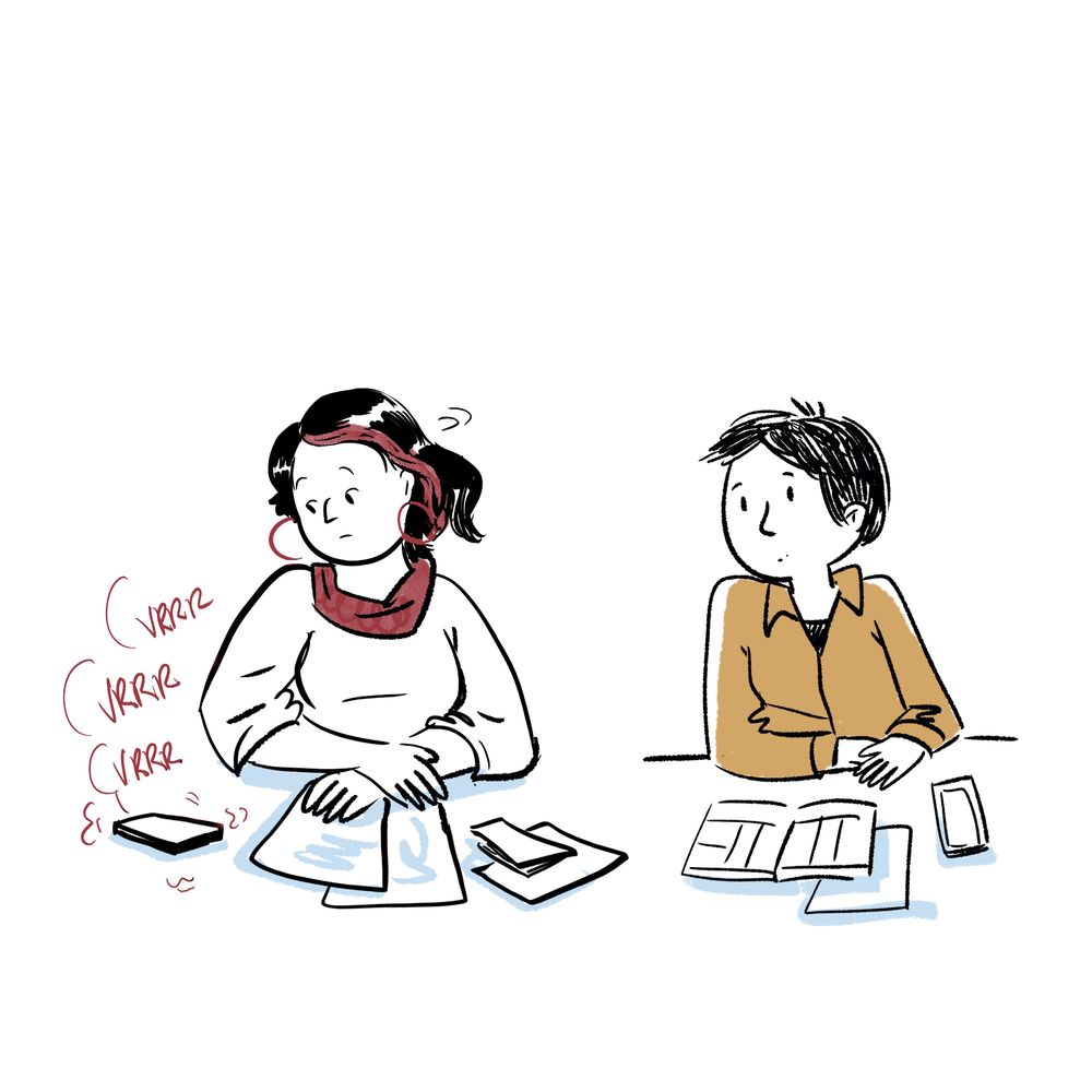 Dessin : Léah et Anjale tourne le regard vers le téléphone de Léah qui vibre