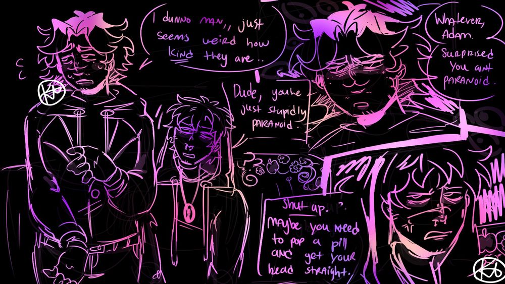 Adam sitting down on a church bench while Jonah tries to vent his anxieties to Adam. He's not too keen (or good) at listening.