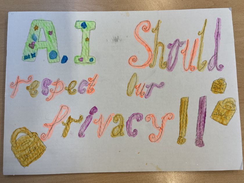 drawing from a child with bold, colourful text that ready 'AI should respect our privacy'
