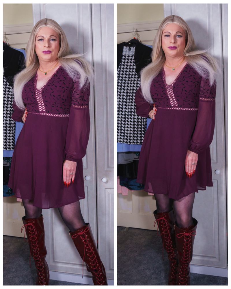 Julie wearing a wine colour skaterdress with sheer nylons and high heel knee high boots 