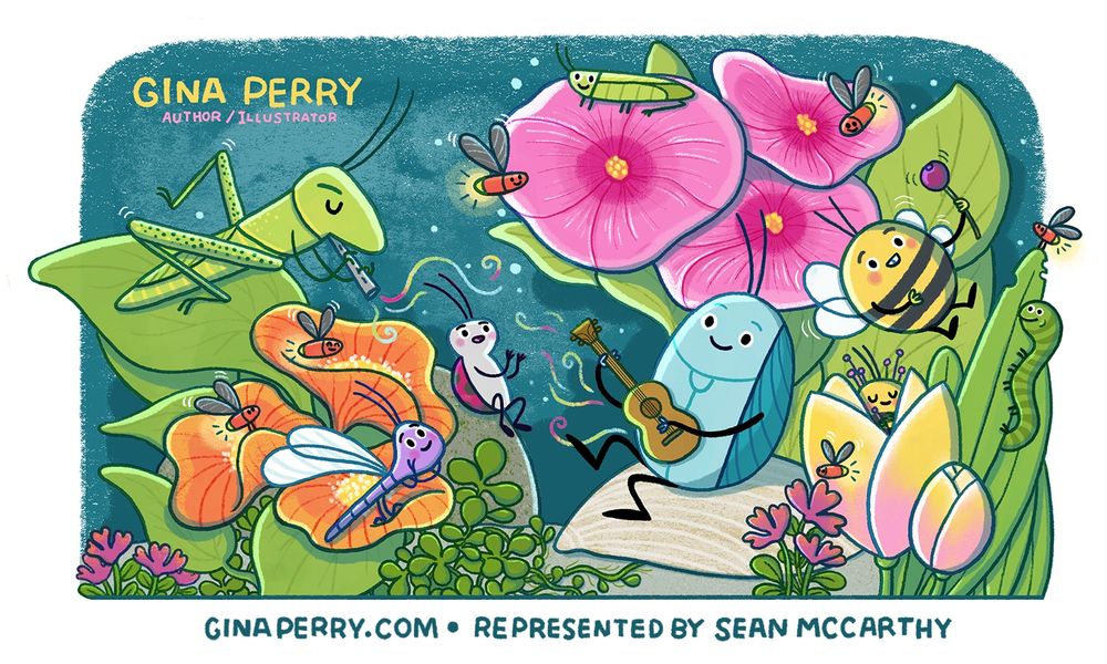 Brightly colored illustration of bugs having an outdoor, seaside party. Flowers and plants surround them. A grasshopper plays a flute, a beetle plays a ukulele, a bee shakes a maraca. Fireflies, dragonfly, ladybug, and caterpillar watch on. Art by Gina Perry. Text reads 