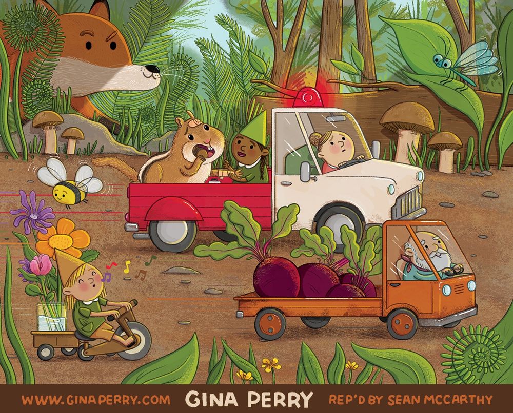 Promotional illustration of a woodland forest scene. A fox and bugs look on as several vehicles zip by on a dirt path, including a gnome-bulance. Gnomes are driving trucks carrying beets, an ambulance carrying an injured chipmunk getting care and a snack, and a tricyle with a jar of fresh flowers. www.ginaperry.com Rep'd by Sean McCarthy.