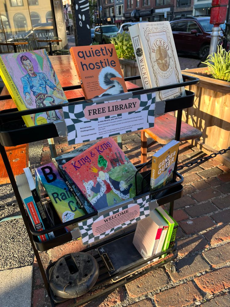 Mobile free library of banned books in Portland Maine.