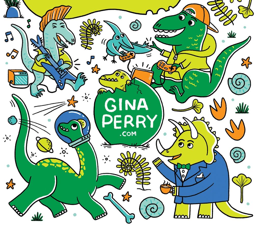A flatly illustrated scene of different dinosaurs as astronauts, tea-drinkers, video game bros, and a guitar hero. Text in the center reads GinaPerry.com
