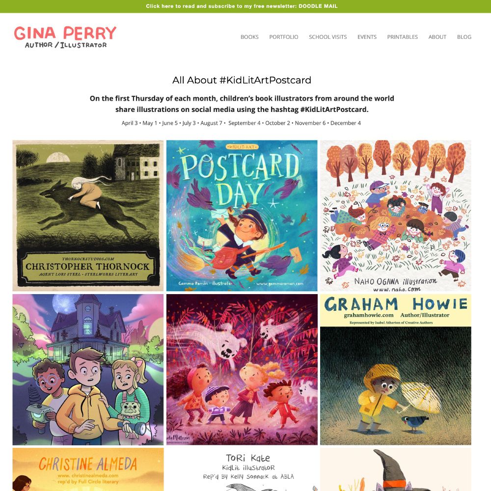 Screencap of the webpage ginaperry.com/postcard "All About #KidLitArtPostcard" A grid of digital postcard submissions is seen along with information about the event and remaining dates in 2025.