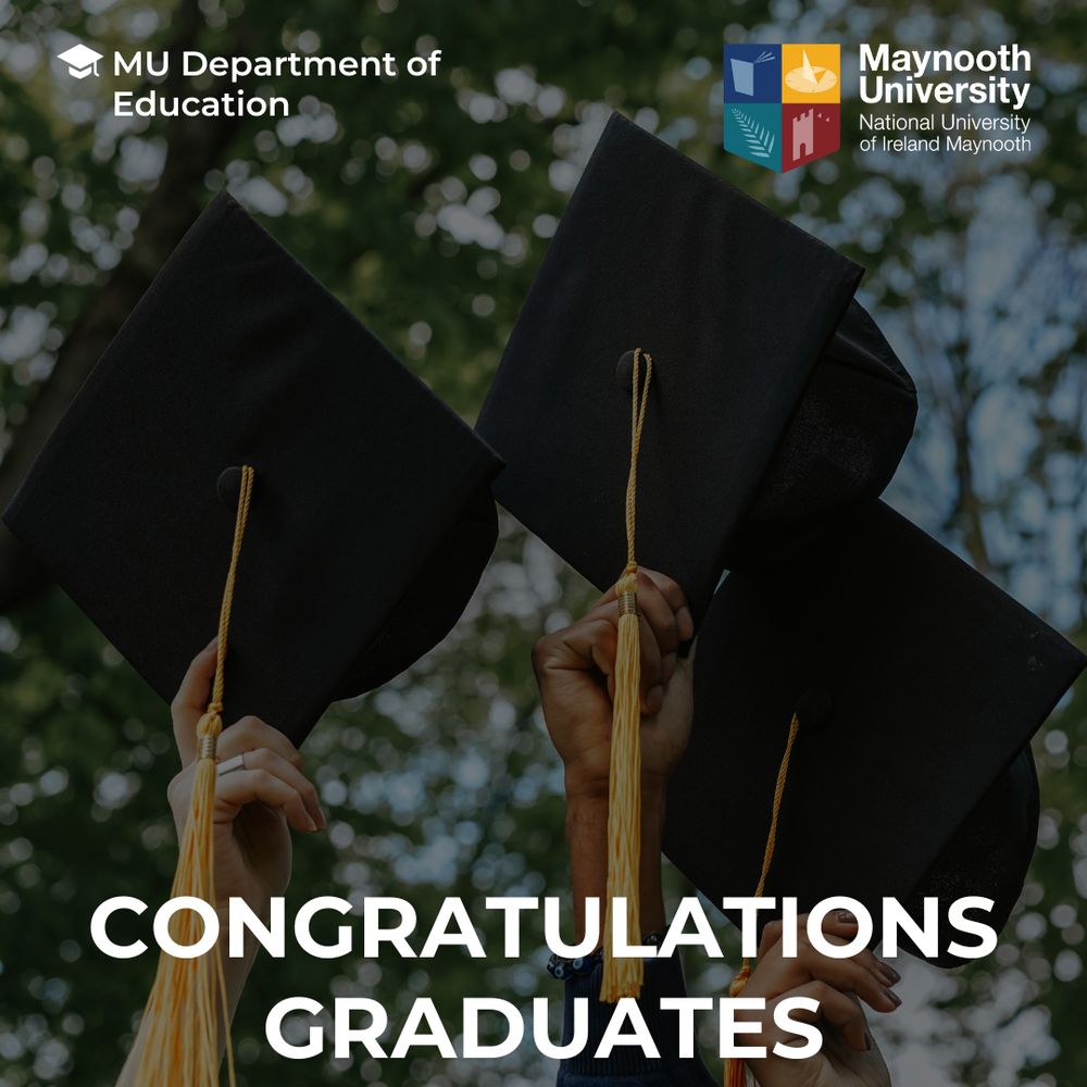 3 graduation hats are being held in the air by 3 hands, with green trees in the background. 