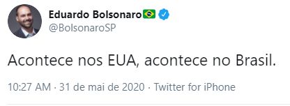 tweet clássico de Eduardo Bolsonaro com a frase "acontece nos EUA, acontece no Brasil"