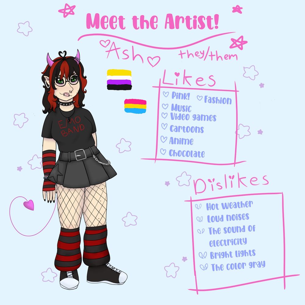 A meet the artist sheet with a femme presenting cartoon character. 