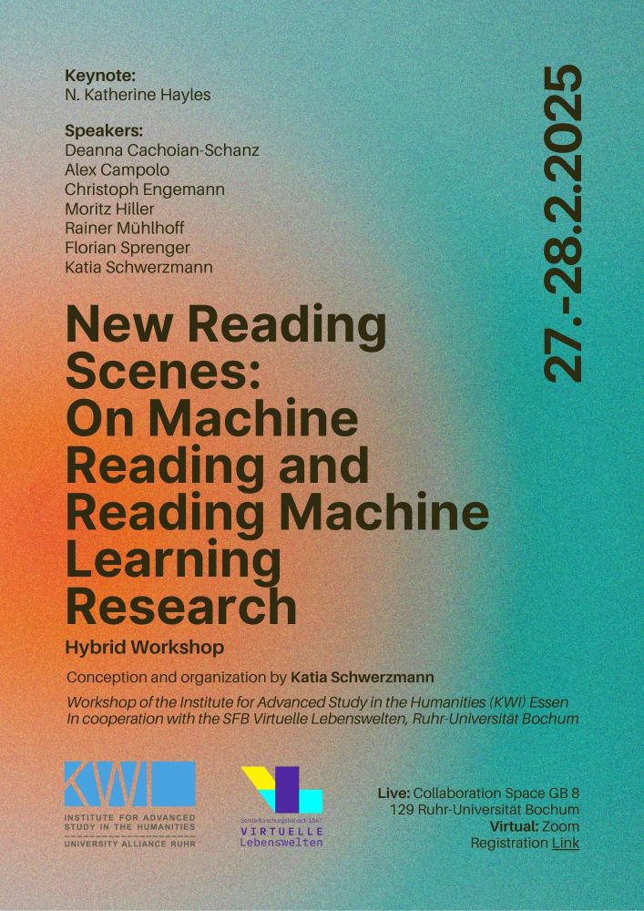 Poster for the hybrid-workshop titled "New Reading Scenes: On Machine Reading and Reading Machine Learning Research." Keynote by N. Katherine Hayles.