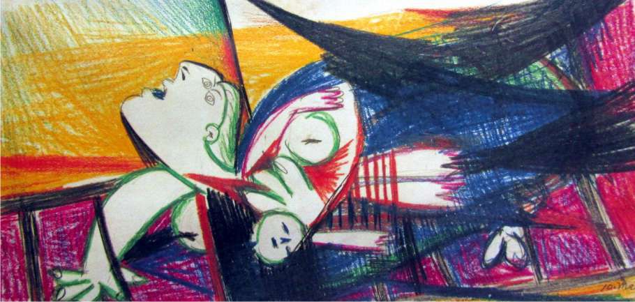Dibujo de mujer con bebé estilo surrealista de Picasso, con líneas y fondo de colores 
