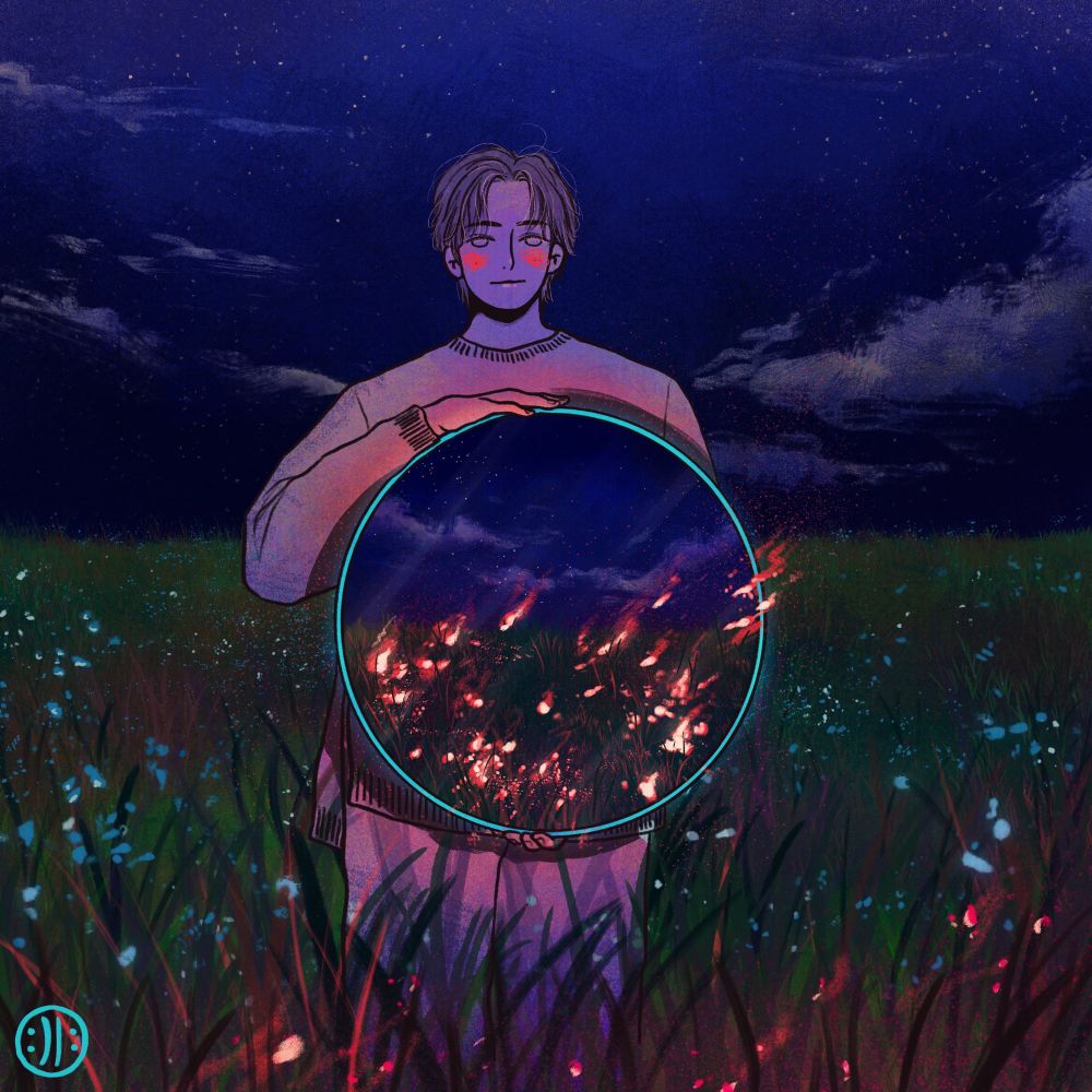 an illustration for namjoon's song "wildflower".
in the middle of an open field of blue lit flowers stands namjoons holding a big, round mirror. the foreground of the flower field glows slighty like it's lit on fire. the mirror shows the same field but the part the  observer cannot see. it's evident now that the missing part of the field is on fire and  some flames even make it out the mirror to the right side. a perfect illusion.