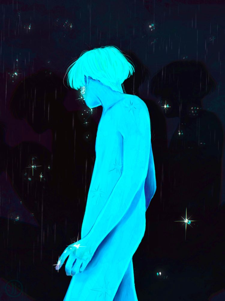 a light turquoise silhouette-like men stands in half profile while looking into the background. glittery tears fall from his eyes and onto his left hand. right behind him are black shadows of himself, feathering away from each other building a circle.
the background is very dark, almost black with hints of purple color, rain is faintly falling while some of the raindrops also glitter like stars.