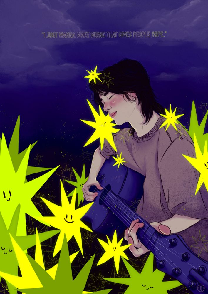 a man (suga of bts) playing on a guitar, head slightly resting on a star with a pleasant face. he is surrounded by lots of little and bigger yellow stars with faces. the top says "i just wanna make music that gives people hope." in big letters.