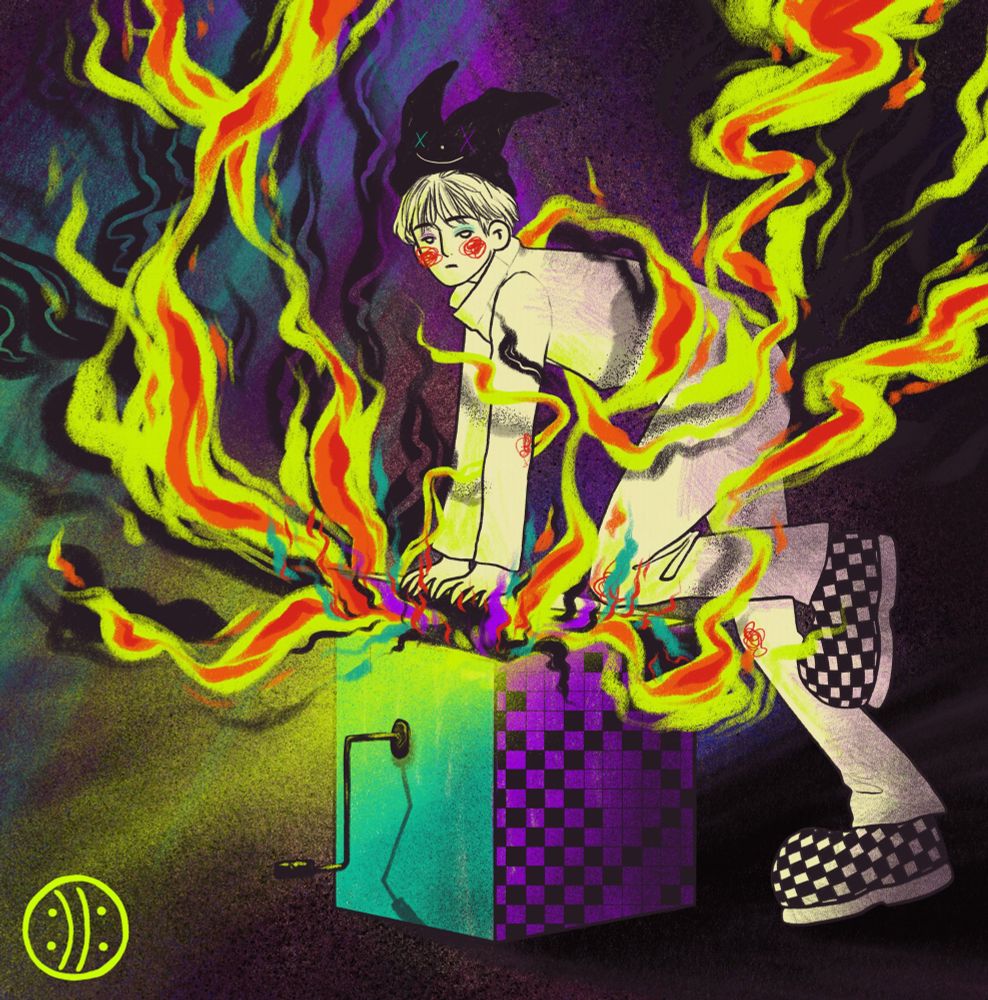 jhope of bts dressed as the joker from jack in the box album, kneeling on a music box that slightly opens and where flames and dark shadows flow out of.