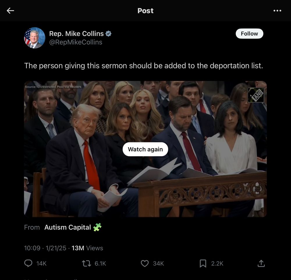 A screen shot of tweet from US Rep. Mike Collin’s of George. Above a picture of Donald Trump & JD Vance in church w/ their respective wives, he writes, “The person giving this sermon should be added to the deportation list.”
