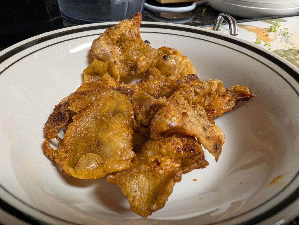 Crispy chicken skin with garlic, salt, Guajillo chili, chili Arbol, and za'atar spice mix.