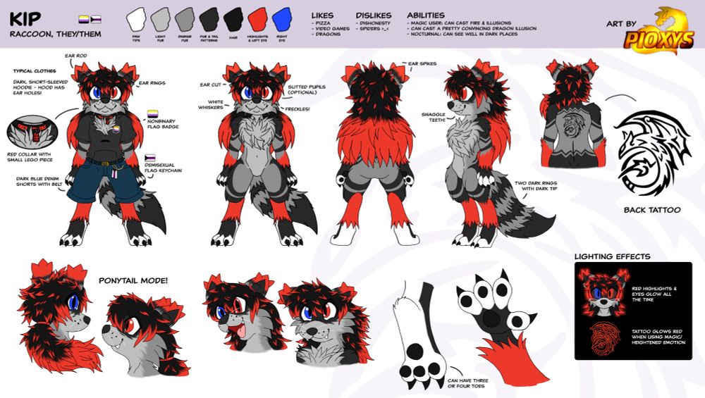 Reference sheet for an anthropomorphic raccoon character.
