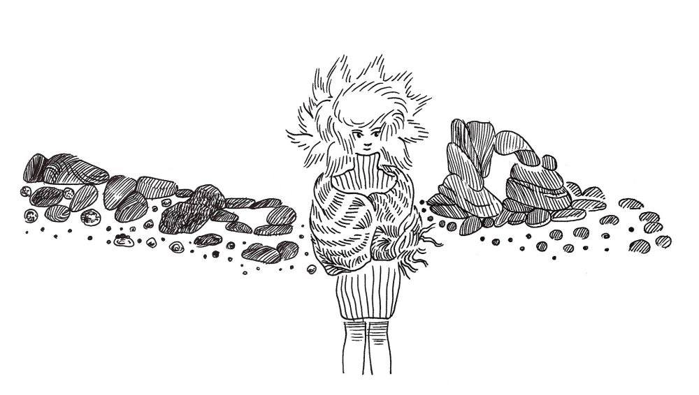 drawing of a person; rocks all around (different version)