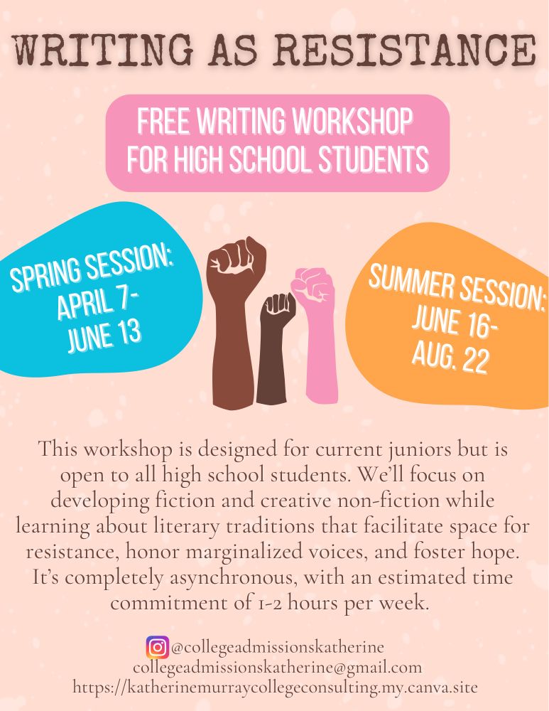 Free workshop for high school students: “writing as resistance”