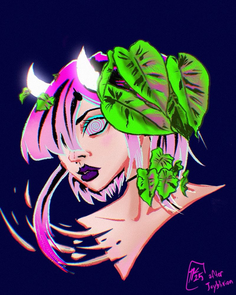 A girl with pink hair and white devil horns. One eye covered by her bands and her visible eye has a spiral in it. Leaves seem to be growing out of her head.