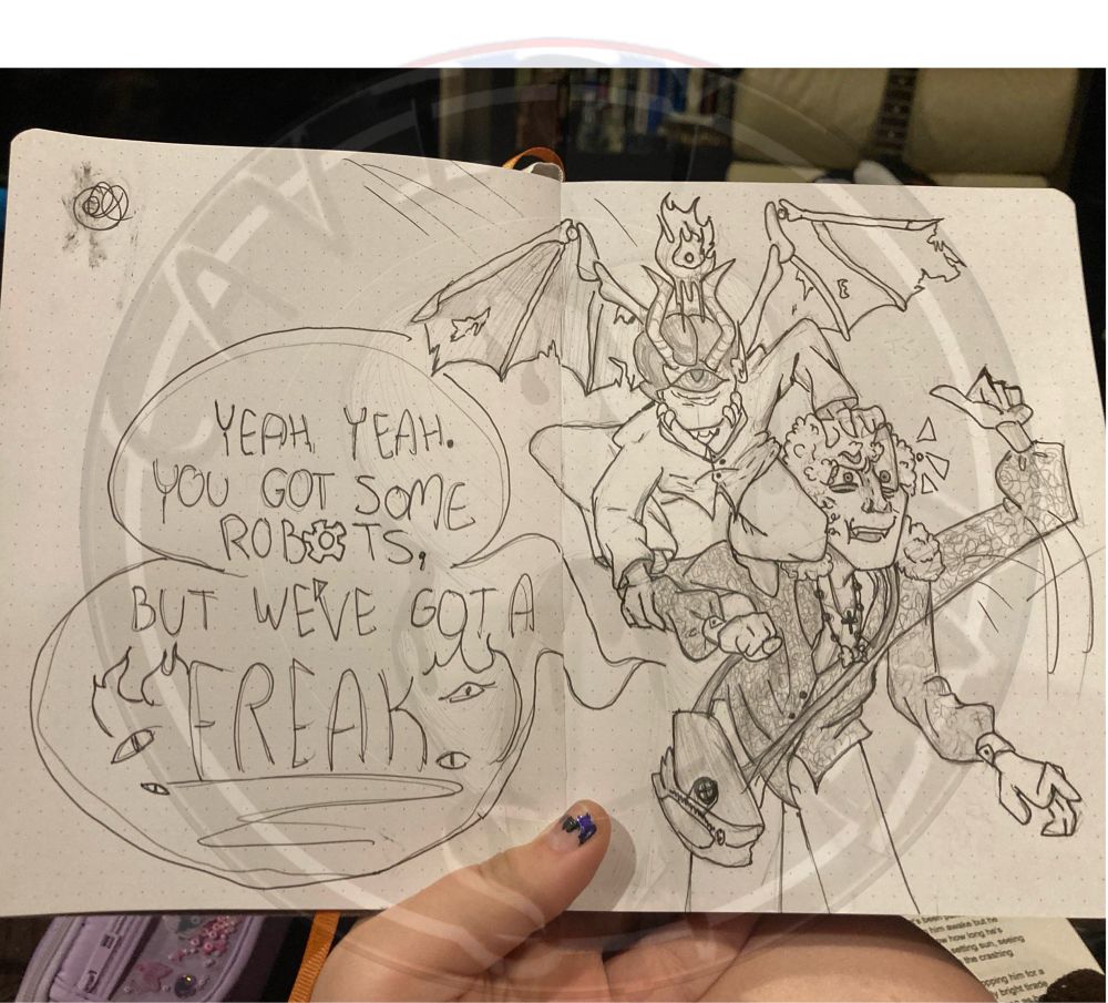 A small impish humanoid (Deimos) perched on Spencer’s arm like a bird. “Yeah, yeah, you got some robots, but we’ve got a freak”
