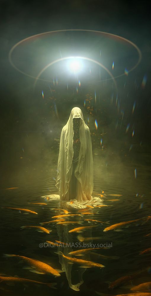 a mysterious figure with universe within its robe stand in a body of water with koi, surrounded by fog and smoke a halo of light above it. 