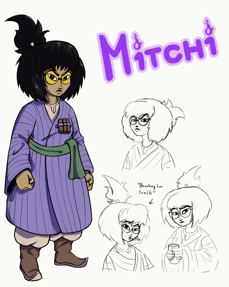 Vue en plein pied de Mitchi, il s'agit d'un personnage féminin asiatique dodu de petite taille portant un caftan violet, une ceinture verte, des lunettes teintées de jaune et des bottes brunes incurvées. Ses cheveux sont mal coiffés, noirs et noués dans une sorte de chignon en forme de flamme.

Il y a également une palette d'expressions, une ou elle semble avoir un certain mépris, l'autre où elle utilise un branche de siwak pour se "brosser les dents" et une dernière où elle tient une tasse de thé l'air dubitatif.