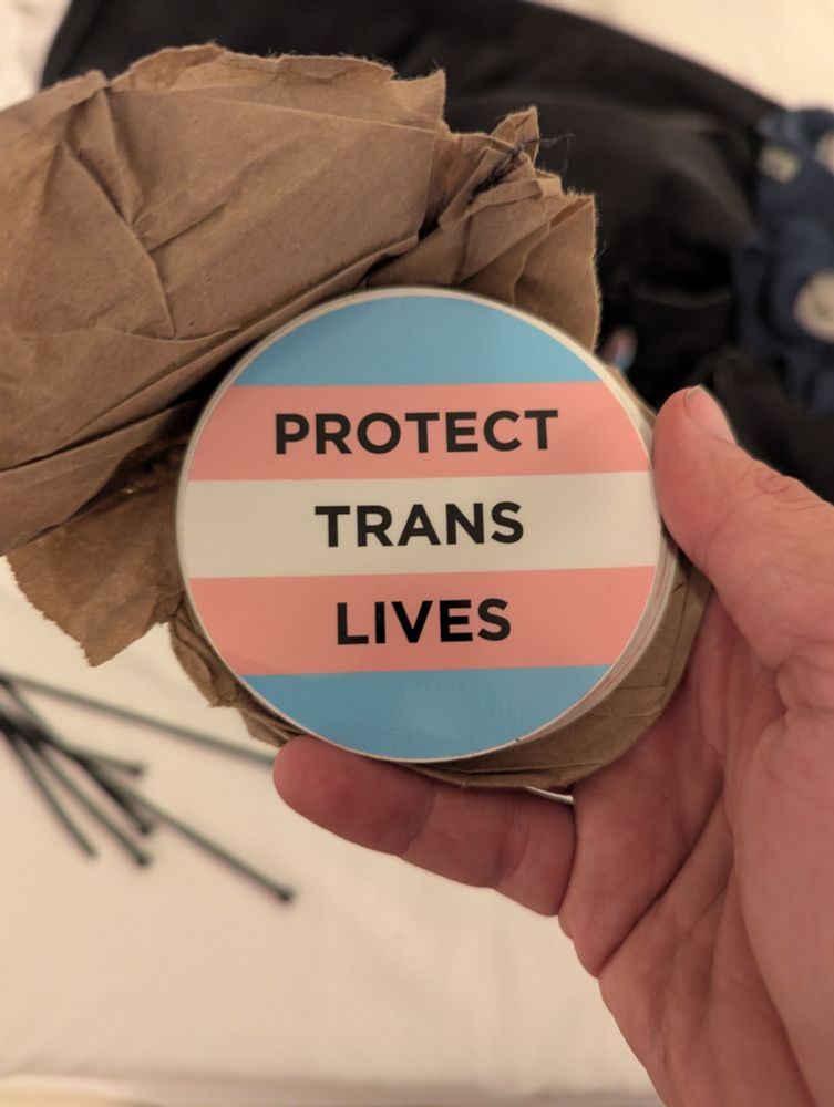 Me holding my Protect Trans Lives stickers. 