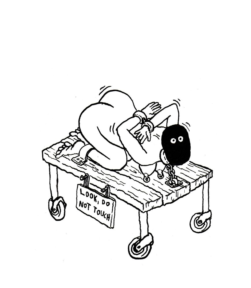 Doodle of a person in bondage on top of a platform on wheels